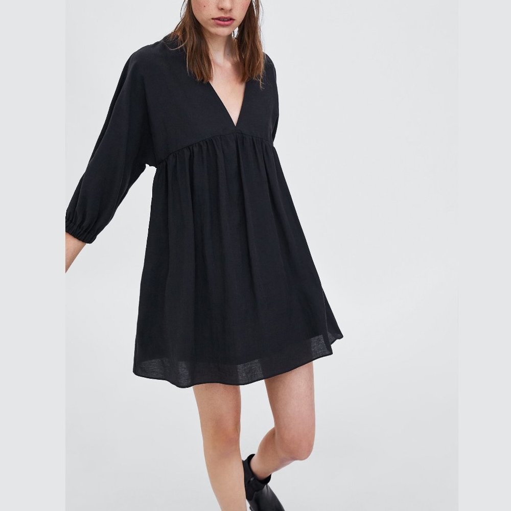 SOLD ZARA Puff Sleeve Babydoll Dress Black M - Picture 1 of 14
